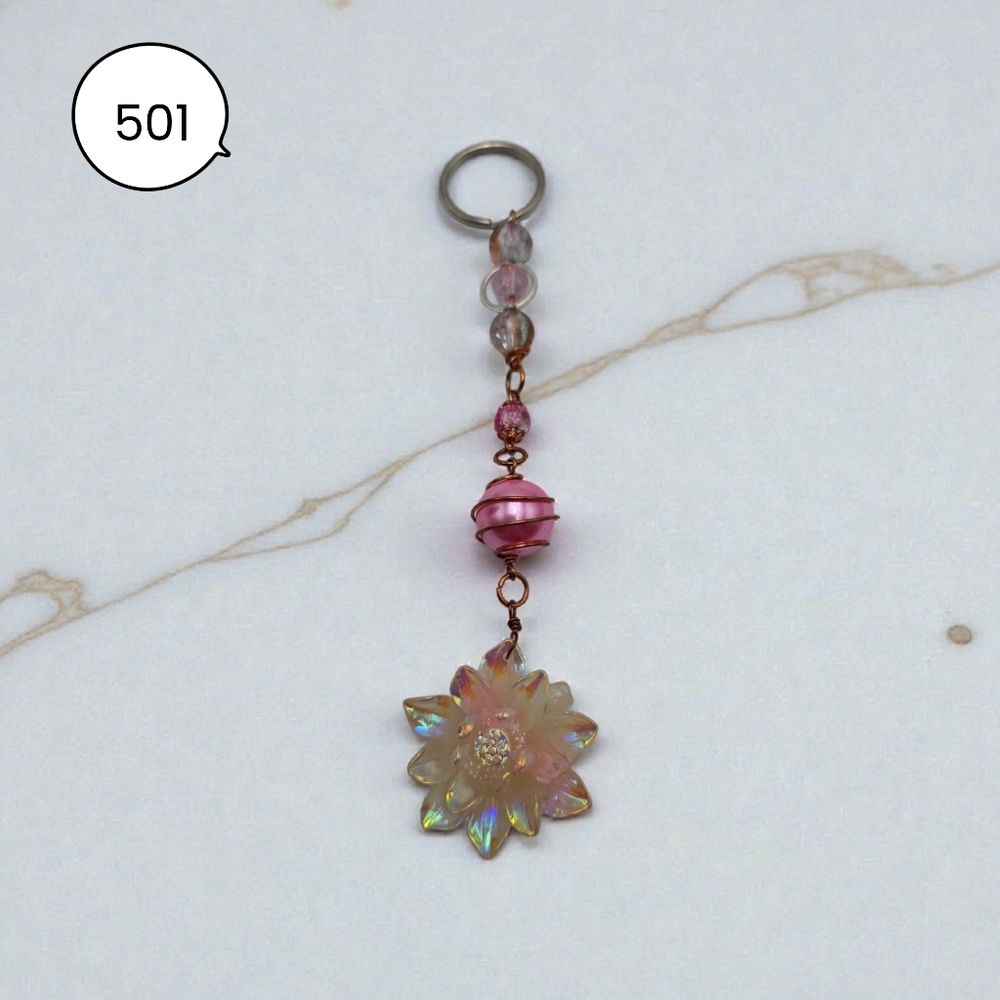 Handmade Pink Crystal Beaded Iridescent Flower Keychain